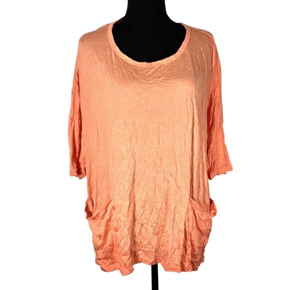 Shana Women’s S Half Sleeve Crinkle Tunic Top Coral 2 Pockets Boxy Fit - Picture 2 of 12